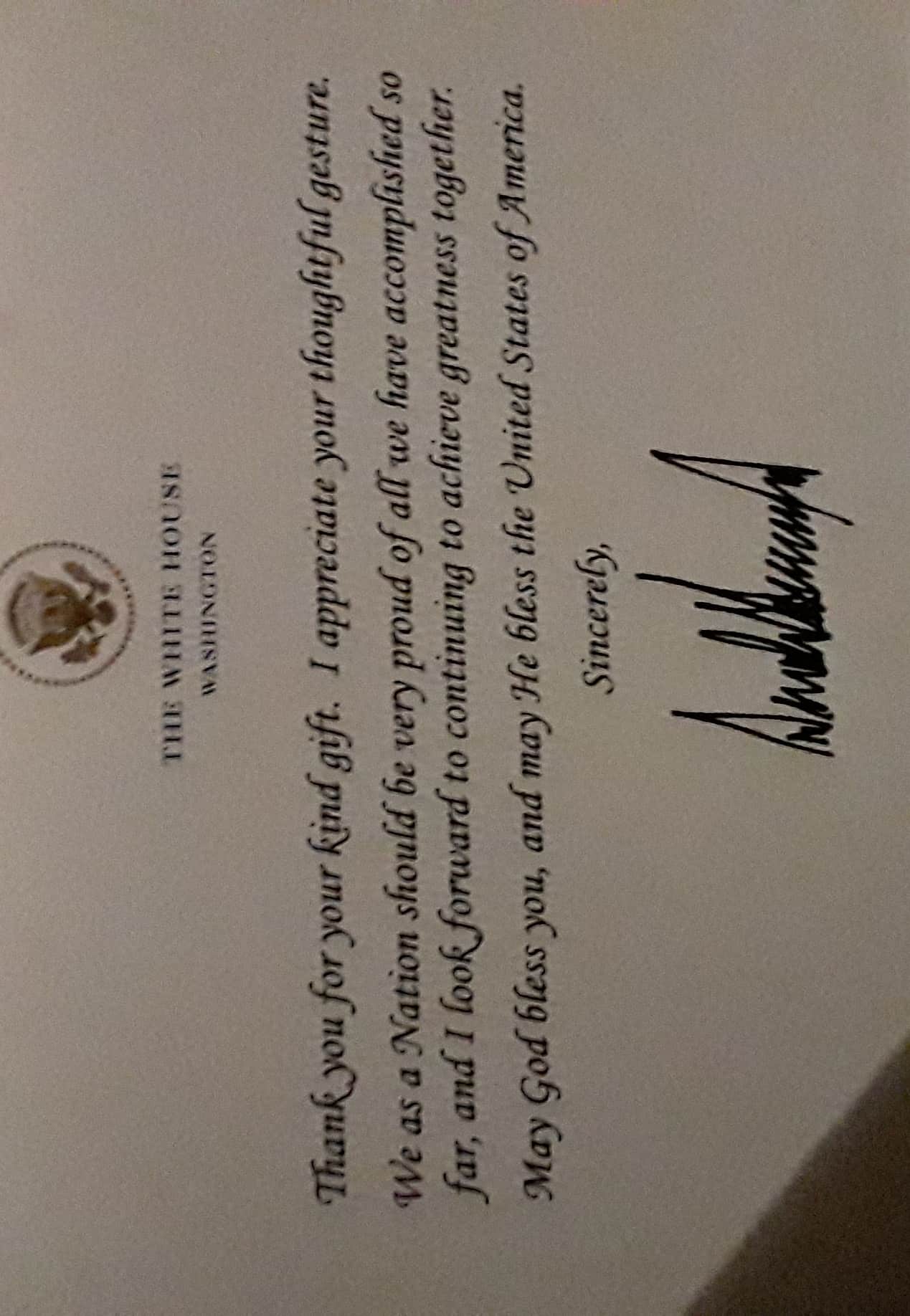 I received a POSTCARD from the WHITEHOUSE thanking me for my gift (I sent a copy of my book to Presi