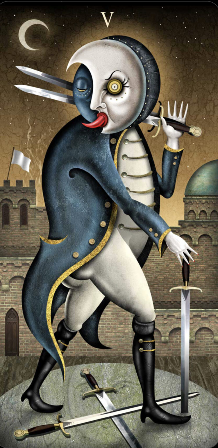 “Today’s a great day to act a little childish.” Five Of Swords – Deviant Moon Tarot Join