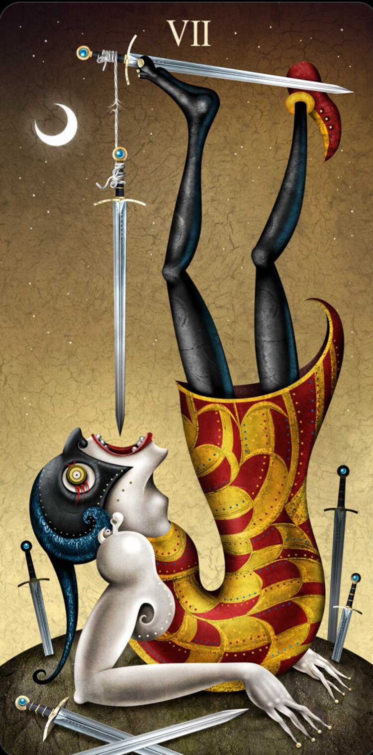 “Today’s a great day to rethink before you speak.” Seven Of Swords – Deviant Moon Tarot