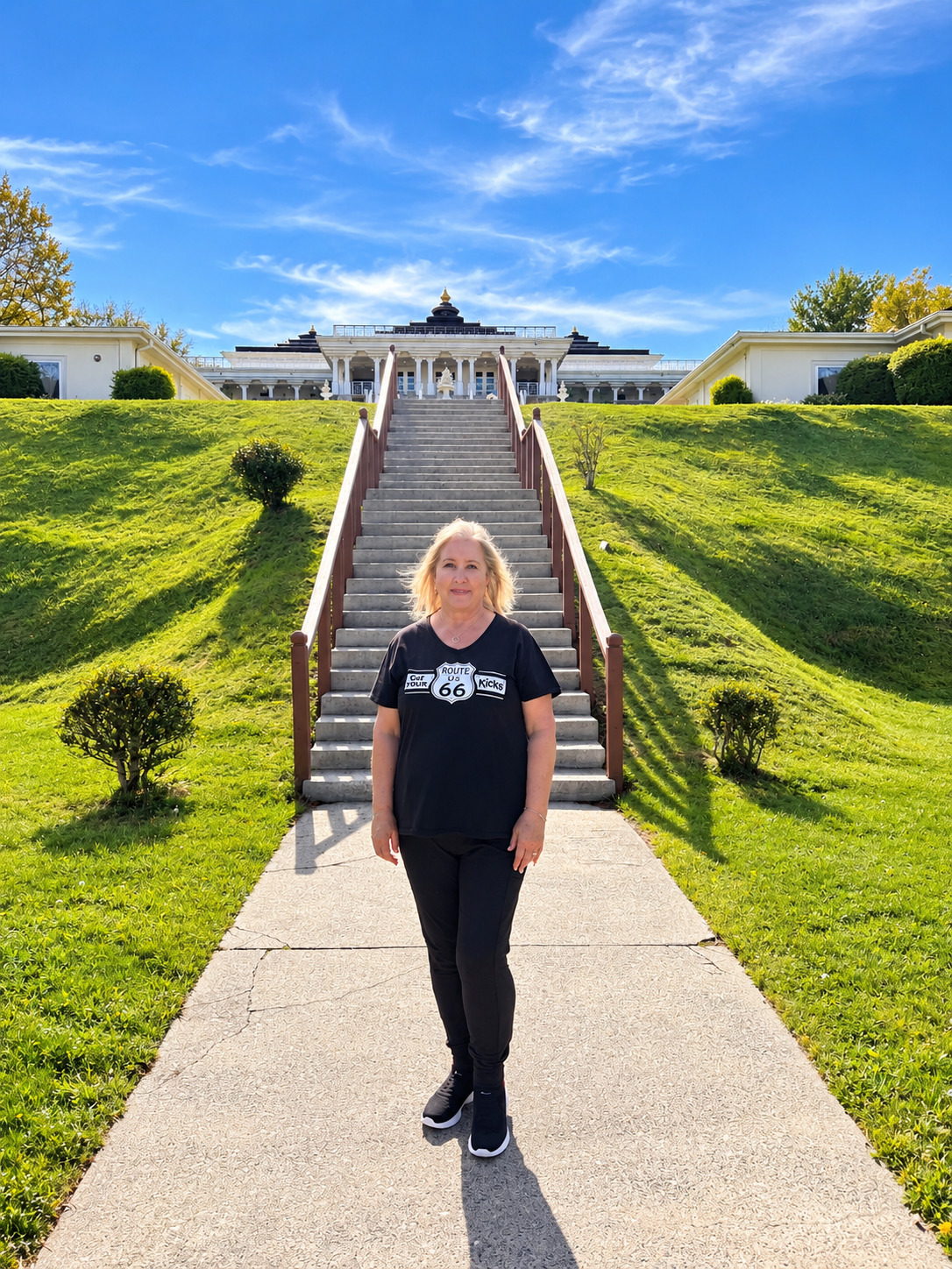 Janette at the grand staircase of the Art of Living Retreat Center