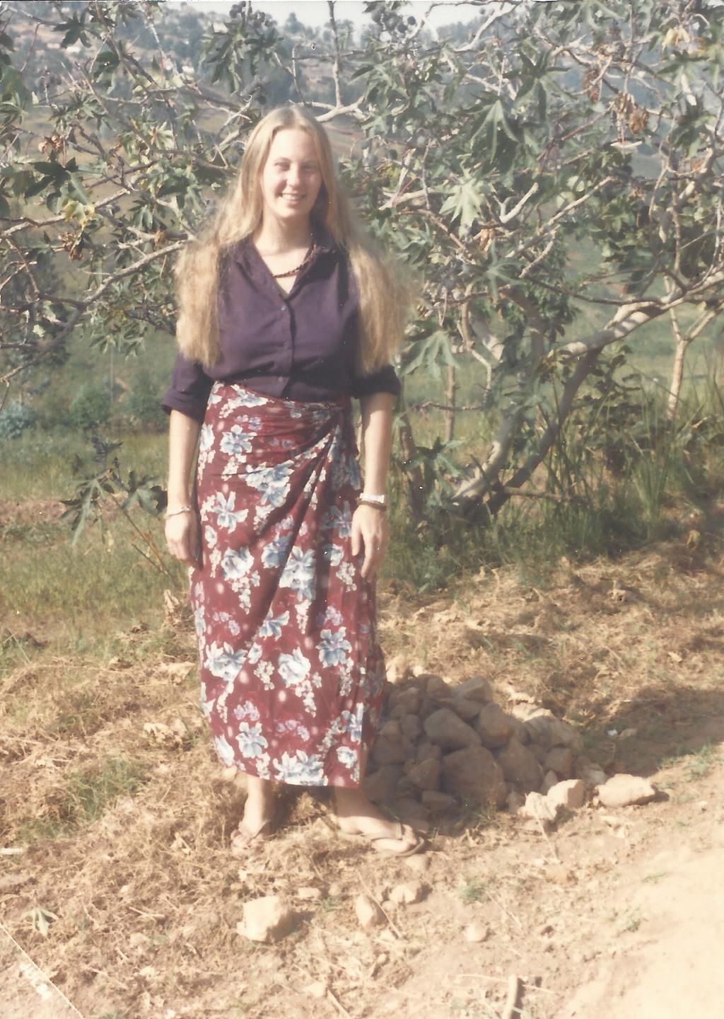 Leah as a Peace Corps teacher in the Democratic Republic of Congo, wearing a pagne